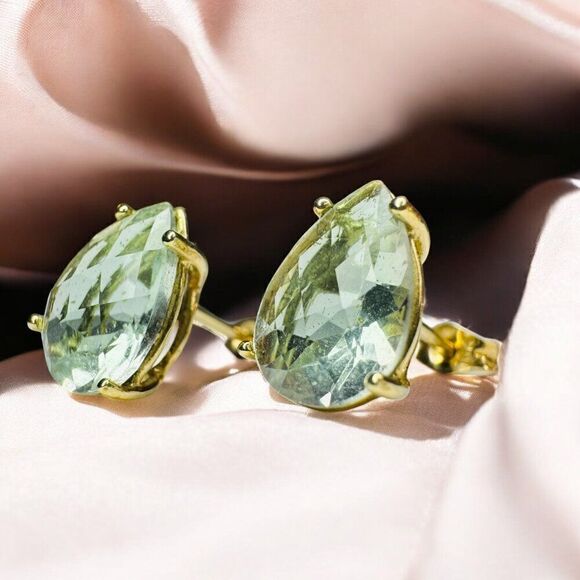 VINTAGE- 10k Gold -Prasiolite Earrings -3cttw- Pear Cut -August Birthstone -1.2g - Picture 9 of 16